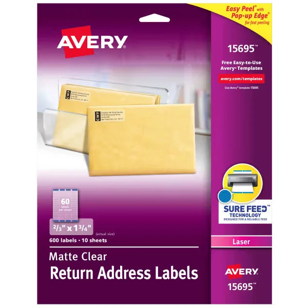 Avery&reg; Matte Clear Return Address Labels, Sure Feed&trade; Technology, Laser, 2/3" x 1-3/4", 600 Labels (15695)
