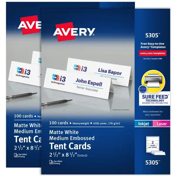 Avery&reg; Embossed Tent Cards with Sure Feed&reg; Technology, 2-1/2" x 8-1/2", White, 2-Pack, 200 Place Cards Total (25305)
