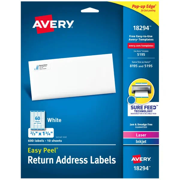 Avery&reg; Return Address Labels with Sure Feed&reg;, 2/3" x 1-3/4", White, Laser & Inkjet Compatible, 600 Total (18294)