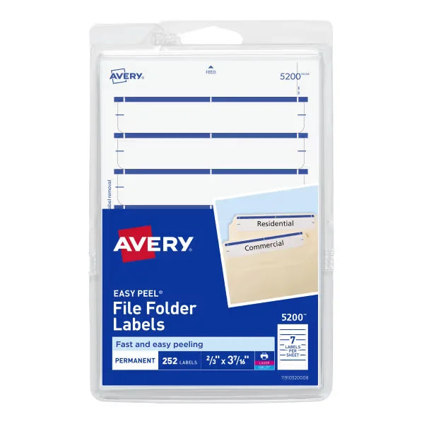 File Folder Labels on 4” x 6” Sheets, Easy Peel, White/Blue, Print or Handwrite, 2/3” x 3-7/16”, 252 Labels (5200)