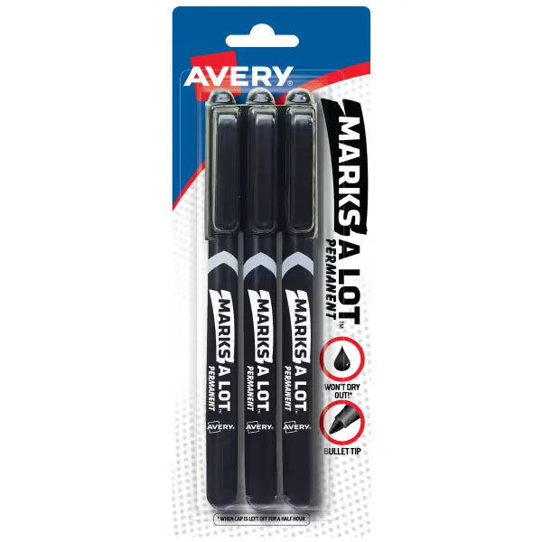 Avery&reg; Marks A Lot&reg; Permanent Markers, Pen-Style, Bullet Tip, 3 Black Markers (29837)
