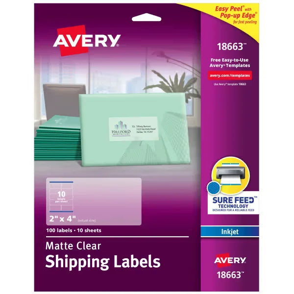 Avery&reg; Matte Clear Address Labels, Sure Feed&trade; Technology, Inkjet, 2" x 4", 100 Labels (18663)
