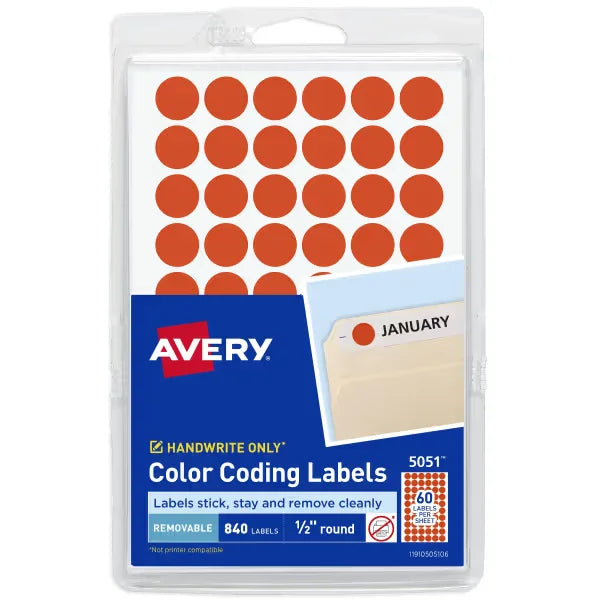 Avery&reg; Color-Coding Removable Labels, 1/2 Inch Round Stickers, Neon Red, Non-Printable, 840 Dot Stickers Total (5051)