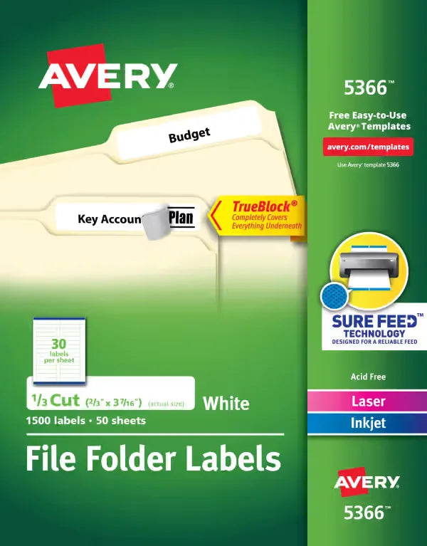 TrueBlock® File Folder Labels, 2/3” x 3-7/16”, 1,500 Printable Labels, Permanent Adhesive, White (5366)