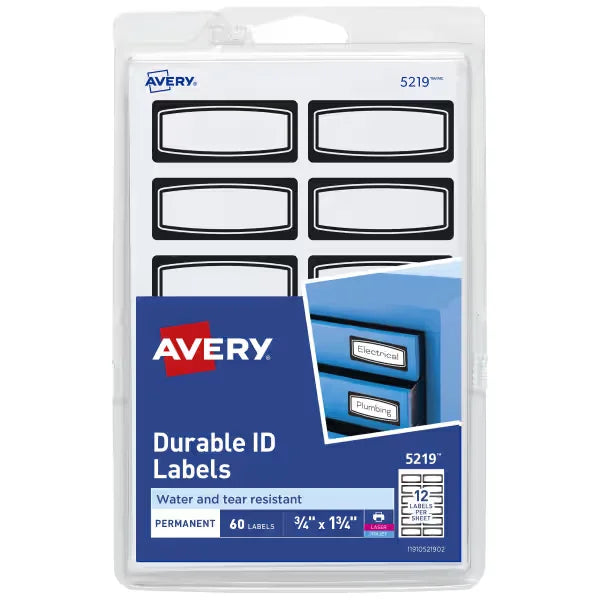 Avery&reg; Durable ID Labels, 3/4" x 1-3/4", Black Border, Writable and Printable Labels, 60 Total (5219)