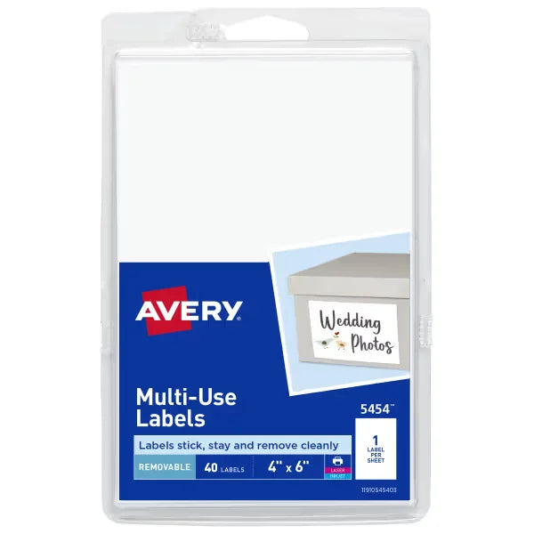Avery&reg; Removable Labels, 4" x 6" Blank Labels, Laser/Inkjet Printable Labels, 40 Labels (5454)