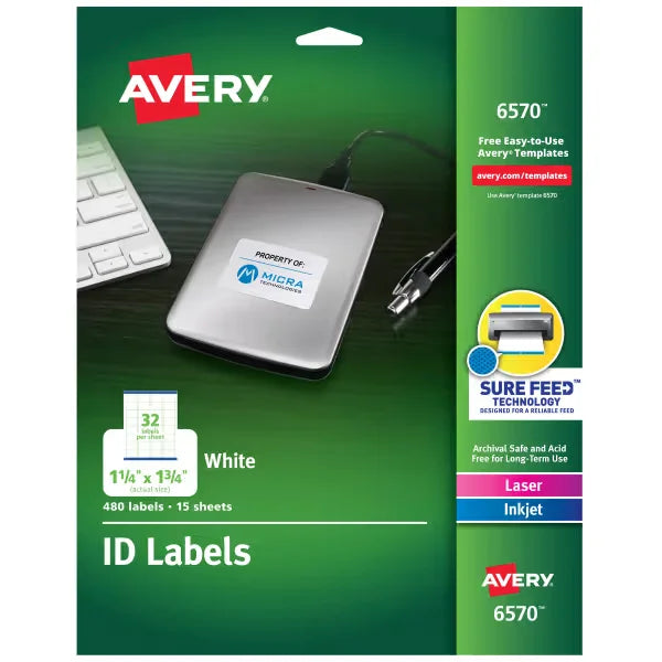 Avery&reg; ID Labels, Permanent Adhesive, 1-1/4" x 1-3/4", 480 Labels (6570)