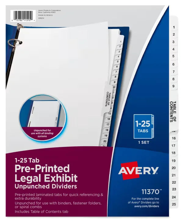 Avery&reg; Premium Collated Legal Dividers Avery Style, Letter Size, 1-25 & Table of Contents Tab Set ( 11370)
