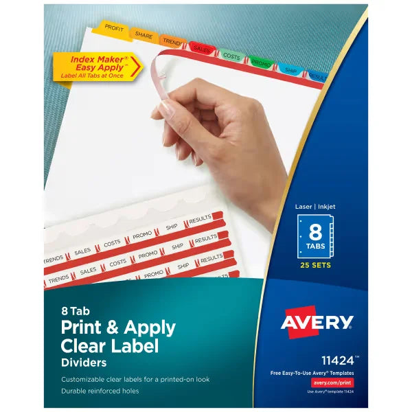 Avery&reg; Print & Apply Clear Label Dividers, Index Maker&reg; Easy Apply&trade; Printable Label Strip, 8 Multicolor Tabs, 25 Sets (11424)
