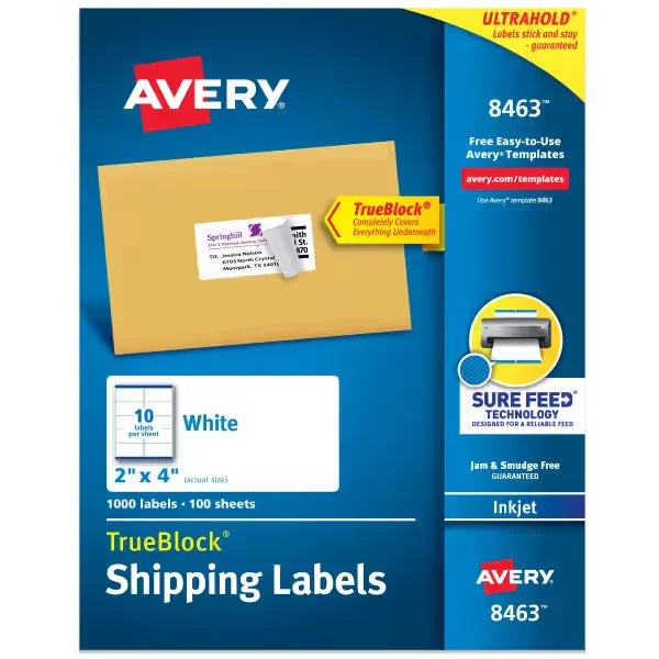 Avery&reg; TrueBlock&reg; Shipping Labels with Sure Feed&reg;, 2" x 4", White, 1,000 Blank Mailing Labels (8463)