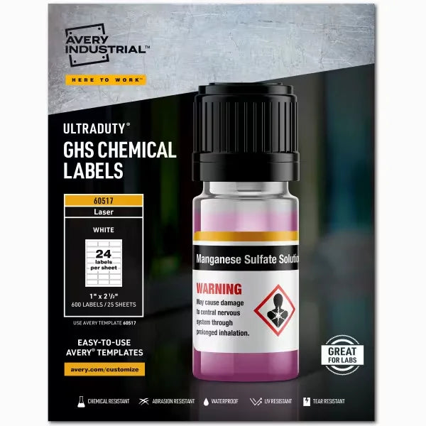 Avery&reg; UltraDuty&reg; GHS Chemical Labels for Laser Printers, Permanent Adhesive, Waterproof, UV Resistant, 1" x 2.5", 600 Labels(60517)