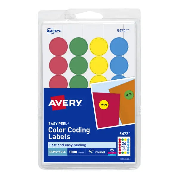Avery&reg; Removable Color-Coding Labels, Removable Adhesive, Assorted Colors, 3/4" Diameter, 1,008 Labels (5472)