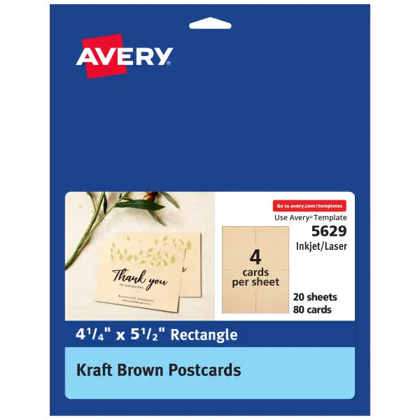 Avery&reg;  Kraft Brown Postcards, 4.25" x 5.5", Laser/Inkjet, 80 Postcards (5629)