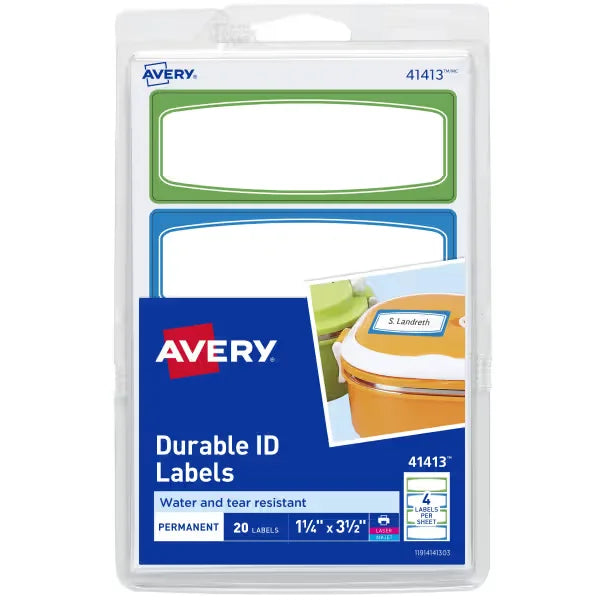 Avery&reg; Durable Labels, 3-1/2" x 1-1/4", Assorted Border Colors, Water-Resistant Labels, 20 Total (41413)