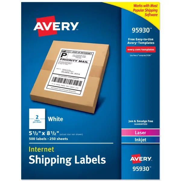 Avery&reg; Half Sheet Shipping Labels, 5-1/2" x 8-1/2", White, 500 Blank Mailing Labels (95930)