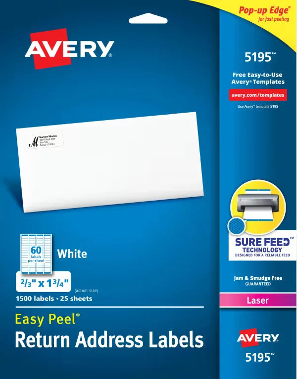 Avery&reg; Easy Peel&reg; Return Address Labels, Sure Feed&trade; Technology, Permanent Adhesive, 2/3" x 1-3/4", 1,500 Labels (5195)