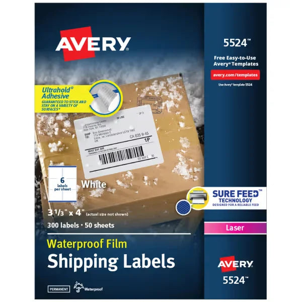 Avery&reg; Waterproof Shipping Labels with Sure Feed&reg;, 3-1/3" x 4", White, Laser Compatible, 300 Labels Total (5524)