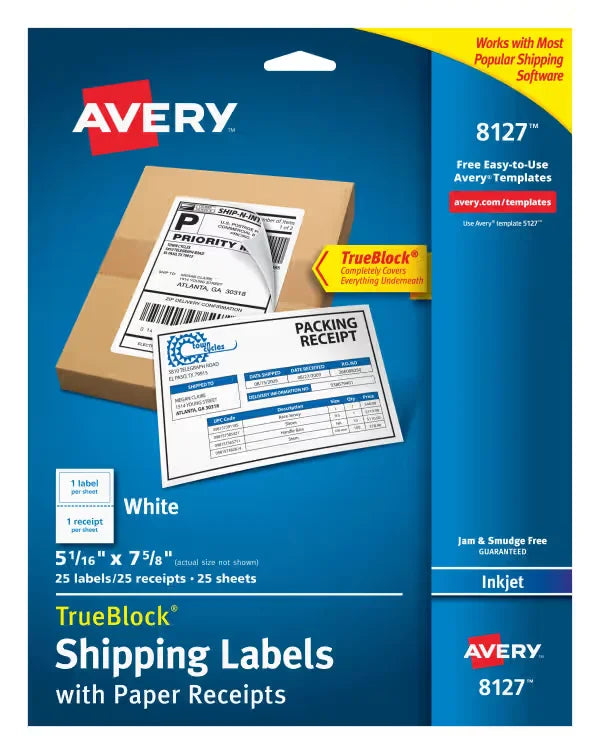 Avery&reg; Shipping Labels w/ Paper Receipts, TrueBlock&reg; Technology, Permanent Adhesive, 5-1/16" x 7-5/8", 25 Labels (8127)