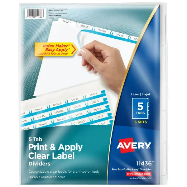 Avery&reg; Print & Apply Clear Label Dividers, Index Maker&reg; Easy Apply&trade; Printable Label Strip, 5 White Tabs, 5 Sets (11436)