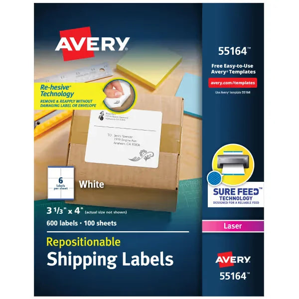 Avery&reg; Repositionable Shipping Labels, Sure Feed&trade; Technology, Repositionable Adhesive, 3-1/3" x 4", 600 Labels (55164)