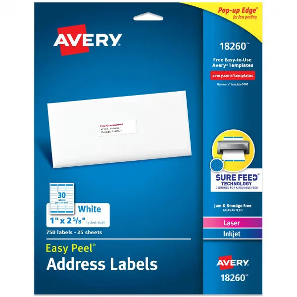 Avery&reg; Easy Peel&reg; Address Labels with Sure Feed&reg;, 1" x 2-5/8", White, 750 Blank Mailing Labels (18260)