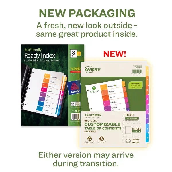 Avery&reg; EcoFriendly Recycled Dividers, 8-Tab, Multicolor, Ready Index&reg; Customizable Table of Contents, 3 Sets (11081)