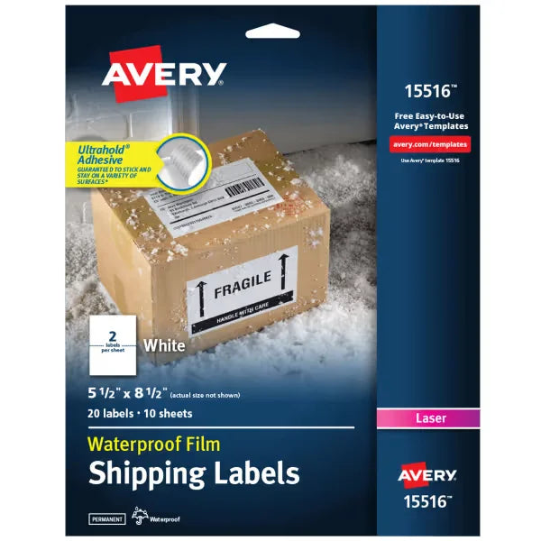 Waterproof Labels with Ultrahold&reg; Permanent Adhesive, Sure Feed&trade;, TrueBlock&reg;, Laser, 20 Labels, 5-1/2" x 8-1/2" (15516)