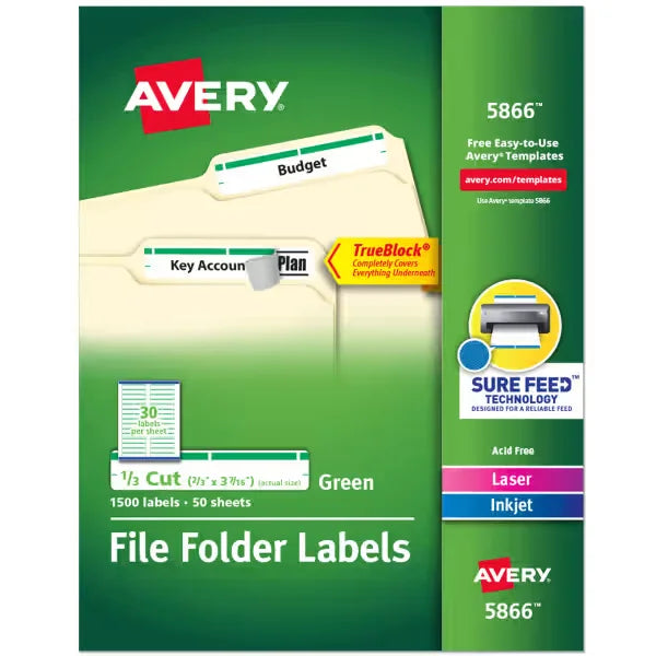 Avery&reg; TrueBlock&reg; File Folder Labels, Sure Feed&trade; Technology, Permanent Adhesive, Green, 2/3" x 3-7/16", 1,500 Labels (5866)