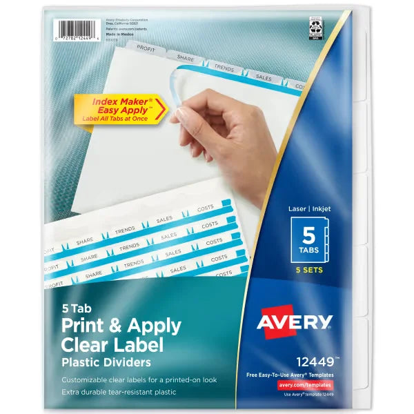 Avery&reg; Print & Apply Clear Label Translucent Plastic Dividers, Index Maker&reg; Easy Apply&trade; Printable Label Strip, 5 Frosted Tabs, 5 Sets (12449)