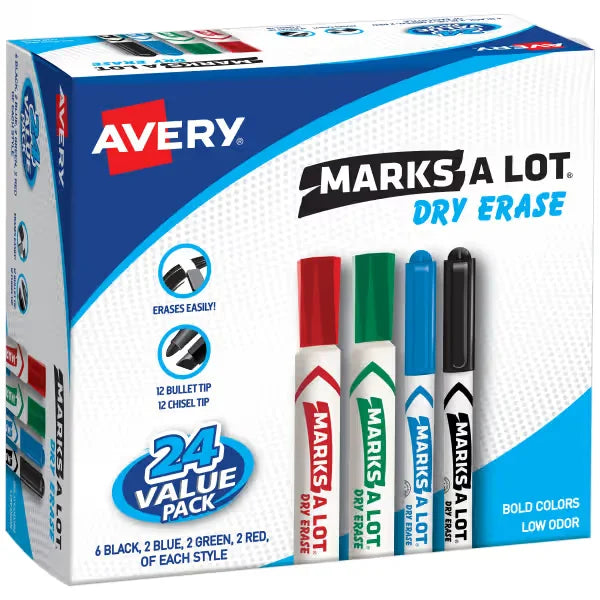 Avery(R) Marks A Lot(R) Desk & Pen-Style Dry Erase Markers, Assorted Colors, Value Pack of 24 (29870)