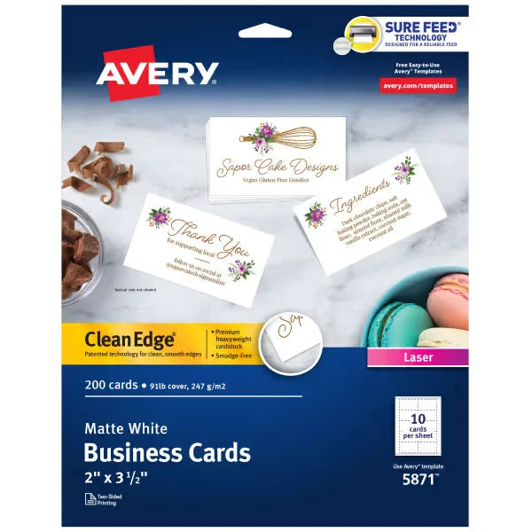 Avery&reg; Clean Edge&reg; Printable Business Cards with Sure Feed Technology, 2" x 3-1/2", White, 200 Blank Cards (05871)