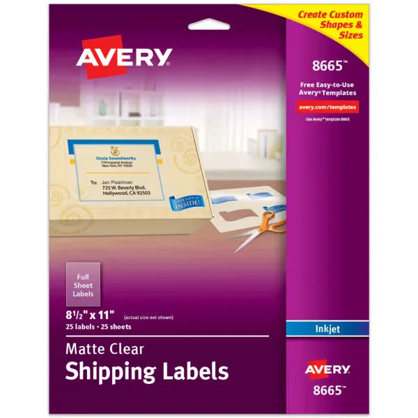 Avery&reg; Full Sheet Shipping Labels, 8-1/2" x 11", Matte Clear, Inkjet Printers, 25 Blank Mailing Labels (8665)