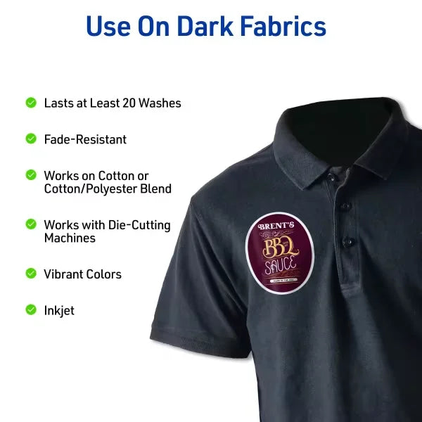 Avery&reg; Fabric Transfers for Dark Fabrics, 8-1/2" x 11", Inkjet Printer Compatible, 5 Matte Sheets (3279)