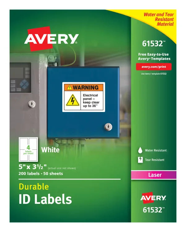 Avery&reg; Durable ID Labels, TrueBlock&reg; Technology, Permanent Adhesive, 5” x 3-1/2”, 200 Labels (61532)