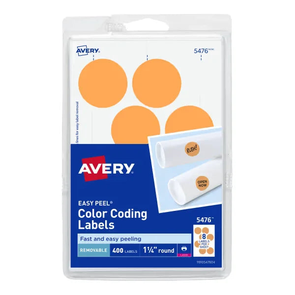 Avery&reg; Removable Color-Coding Labels, Removable Adhesive, Neon Orange, 1-1/4" Diameter, 400 Labels (5476)