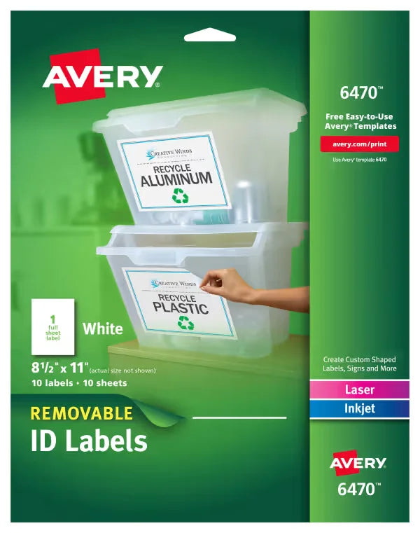 Avery&reg; Removable Labels, Removable Adhesive, 8-1/2" x 11", 10 Labels (6470)