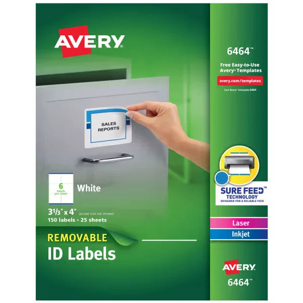 Avery&reg; Removable ID Labels, Removable Adhesive, 3-1/3" x 4", 150 Labels (6464)