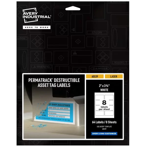 Avery&reg; PermaTrack&reg; Destructible Asset Tag Labels, 3-3/4" x 2", 64 Labels (60539)