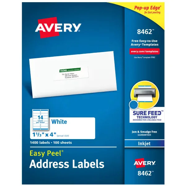 Avery&reg; Easy Peel&reg; Address Labels, Sure Feed&trade; Technology, Permanent Adhesive,  1-1/3" x 4", 1,400 Labels (8462)