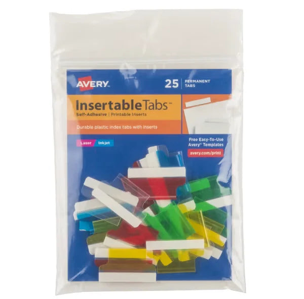 Avery&reg; Insertable Tabs, Self-Adhesive, Printable Inserts, 1" Assorted Colors, 25 Tabs (16219)