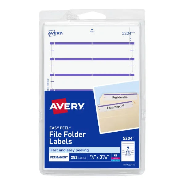 File Folder Labels on 4" x 6" Sheets, Easy Peel, White/Purple, Print or Handwrite, 2/3” x 3-7/16”, 252 Labels (5204)