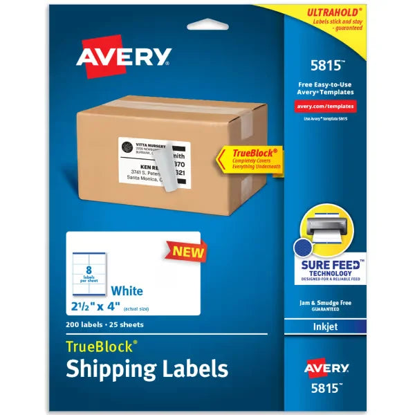 Avery&reg; TrueBlock&reg; Shipping Labels with Sure Feed&trade;, 2-1/2" x 4", Permanent Adhesive, White, 200 Labels, Inkjet (5815)