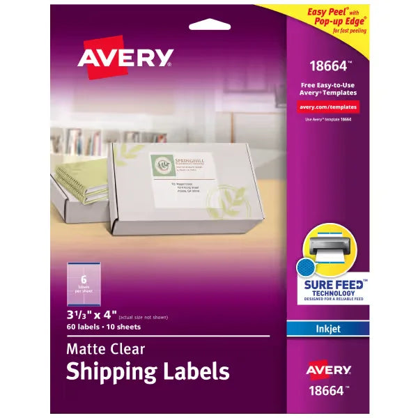 Avery&reg; Matte Clear Shipping Labels, Sure Feed&trade; Technology, Inkjet, 3-1/3" x 4", 60 Labels (18664)