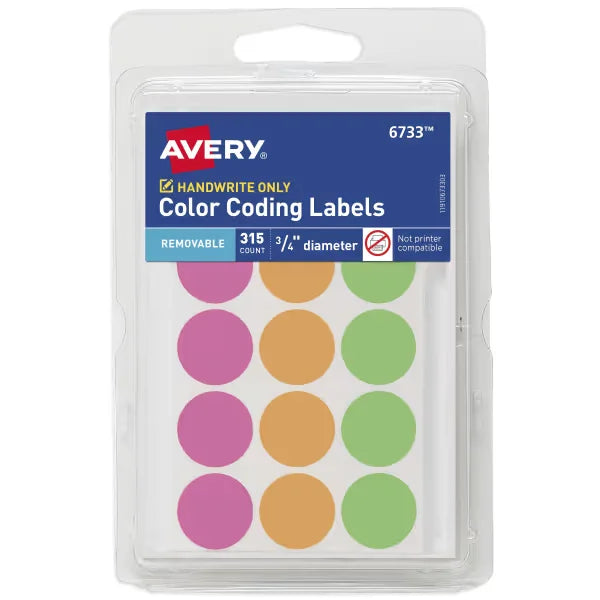 Avery&reg; Color-Coding Removable Labels, 3/4" Diameter, Assorted Neon Colors, Non-Printable, 315 Dot Stickers Total (6733)