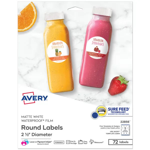 Avery&reg; Waterproof Round Labels with Sure Feed&reg;, 2-1/2", White, Laser & Pigment-Inkjet Compatible, 72 Total (22856)