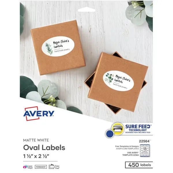 Avery&reg; 1-1/2" x 2-1/2" Oval Labels with Sure Feed&trade;, Permanent Adhesive, Matte White, 450 Labels (22564)