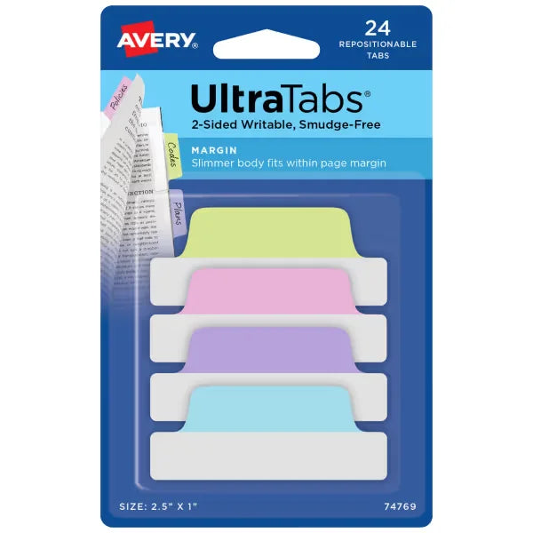 Avery&reg; Ultra Tabs&reg;, Assorted Pastel Colors, 2.5" x 1", 24 Repositionable Margin Tabs, 2-Sided Writable (74769)