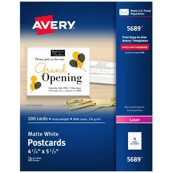 Avery&reg; Postcards, 4-1/4 x 5-1/2", White, 200 Blank Postcards for Laser Printers (5689)