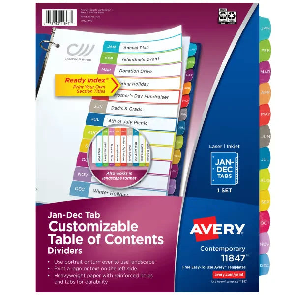Avery&reg; Ready Index&reg; Jan-Dec Dividers, 12 Tab Sets, Customizable Table of Contents, Multicolor Arched Tabs (11847)