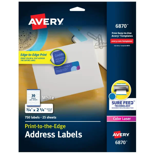 Avery&reg; Print-to-the-Edge Address Labels with Sure Feed&reg;, 3/4" x 2-1/4", Matte White, 750 Labels (6870)